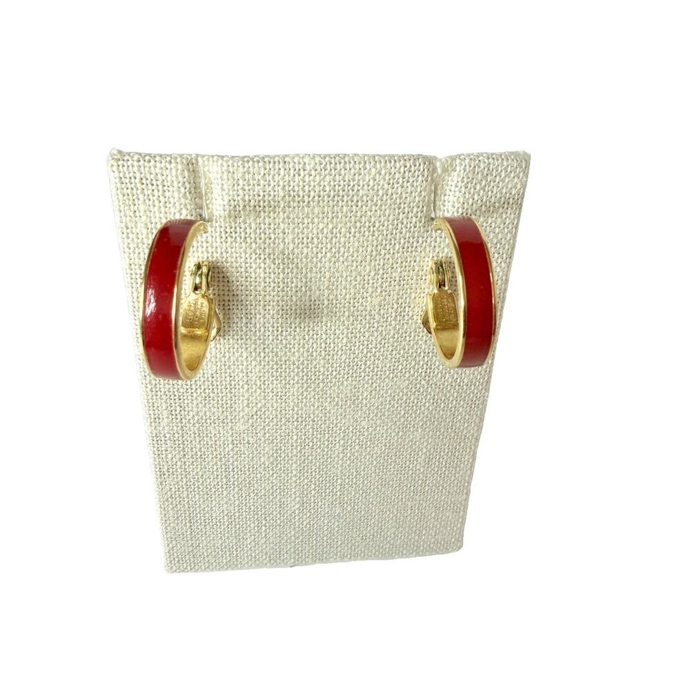 Vintage Monet Hoop Earrings Red Enamel 7/8"